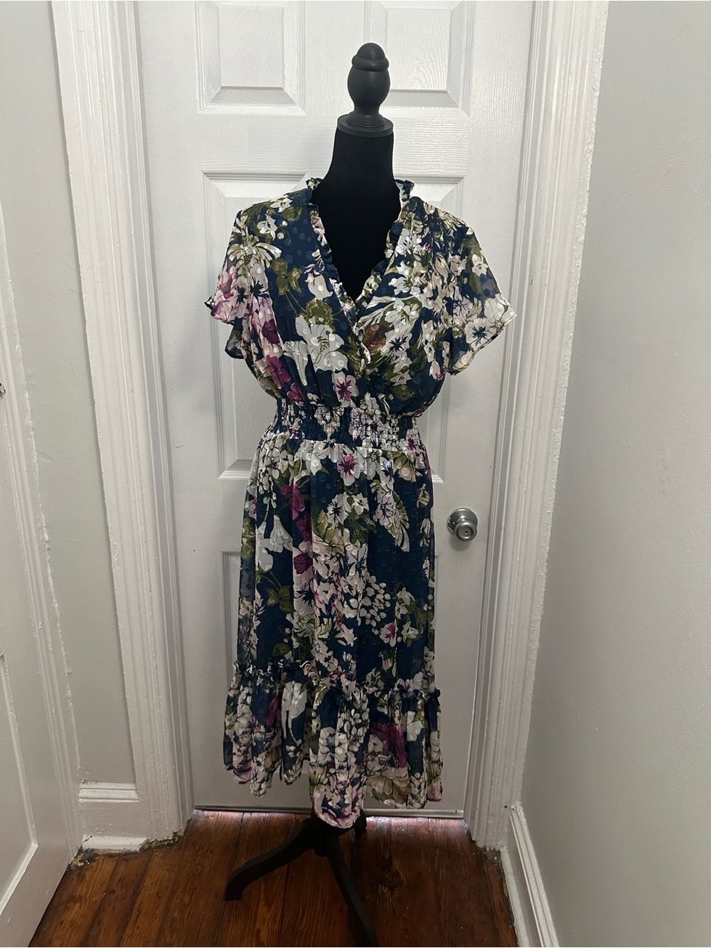 Gabby Skye Navy Floral Midi Dress with Ruffle Hem and Lining